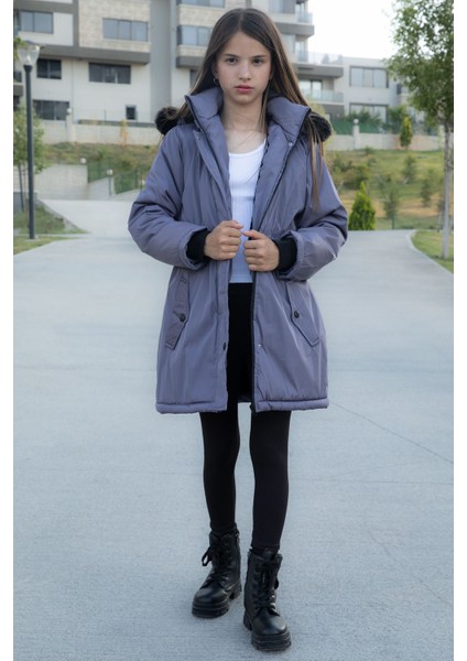 Antrasit Çıtçıtlı Cepli Esnek Bel Içi Kürklü Kız Çocuk Kapüşonlu Mont 21308