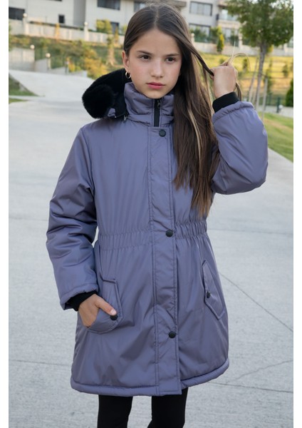 Antrasit Çıtçıtlı Cepli Esnek Bel Içi Kürklü Kız Çocuk Kapüşonlu Mont 21308 fiyatları