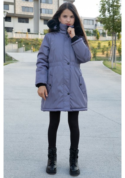 Antrasit Çıtçıtlı Cepli Esnek Bel Içi Kürklü Kız Çocuk Kapüşonlu Mont 21308 modelleri