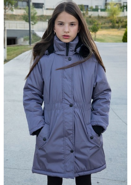 Antrasit Çıtçıtlı Cepli Esnek Bel Içi Kürklü Kız Çocuk Kapüşonlu Mont 21308 fırsatları