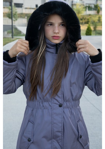 Antrasit Çıtçıtlı Cepli Esnek Bel Içi Kürklü Kız Çocuk Kapüşonlu Mont 21308 indirimleri