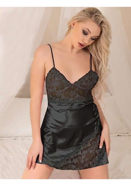 Arias Closet Siyah Dantel Işlemeli Ince Askılı Saten Kısa Fantezi Gecelik