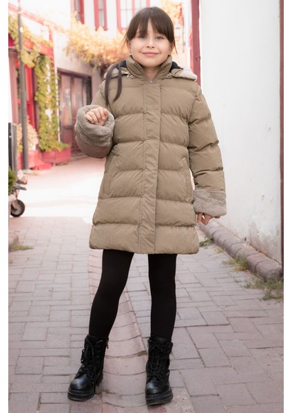 Kahverengi Kolu Kürk Detaylı Içi Yünlü Kız Çocuk Kapüşonlu Şişme Mont 21330 fırsatları