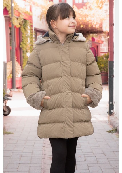 Kahverengi Kolu Kürk Detaylı Içi Yünlü Kız Çocuk Kapüşonlu Şişme Mont 21330 indirimleri