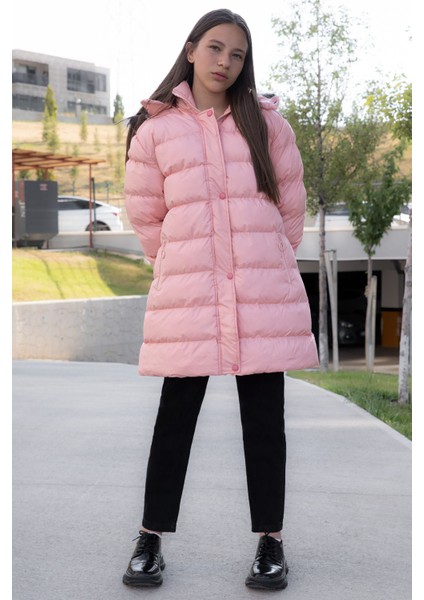 Somon Içi Kürklü Çıtçıtlı Kapüşonlu Kız Çocuk Şişme Mont 21320