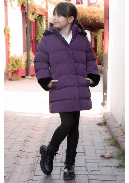 Mor Kolu Kürk Detaylı Içi Yünlü Kız Çocuk Kapüşonlu Şişme Mont 21327