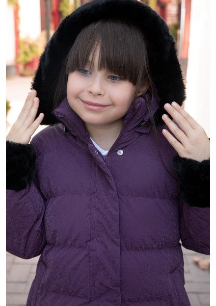 Mor Kolu Kürk Detaylı Içi Yünlü Kız Çocuk Kapüşonlu Şişme Mont 21327 fırsatları