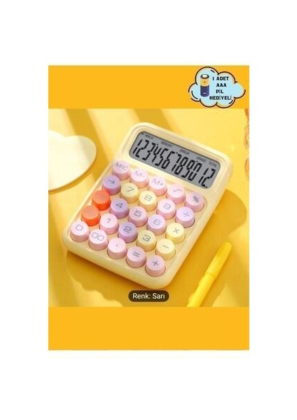 Renkli 12 Hane Mekanik Hesap Makinası Büyük Ekranlı 4 Fonksiyonlu (Sarı)