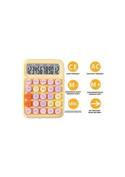 Renkli 12 Hane Mekanik Hesap Makinası Büyük Ekranlı 4 Fonksiyonlu (Sarı)