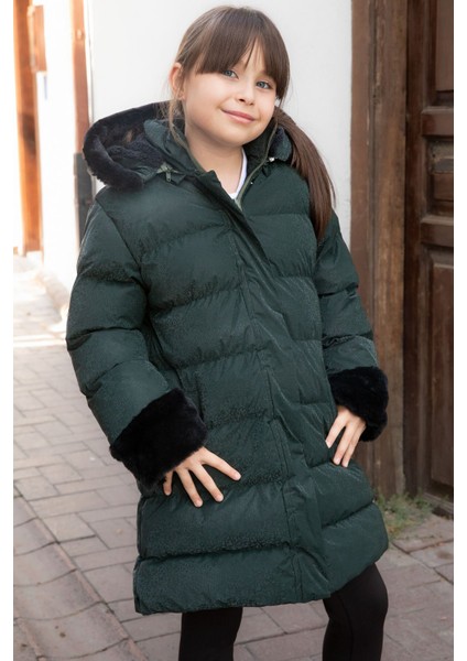Yeşil Kolu Kürk Detaylı Içi Yünlü Kız Çocuk Kapüşonlu Şişme Mont 21333 fırsatları