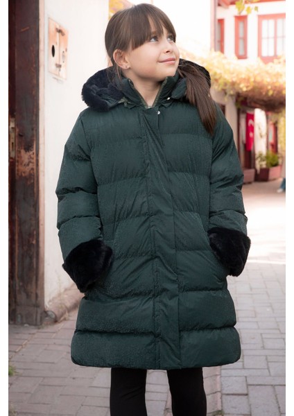 Yeşil Kolu Kürk Detaylı Içi Yünlü Kız Çocuk Kapüşonlu Şişme Mont 21333 indirimleri