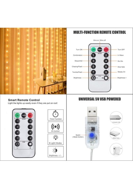 Peri Telli Perde LED Işık Kumandalı 8 Mod Günışığı 3x3 m İç Mekan Dekoratif Enerji Tasarruflu