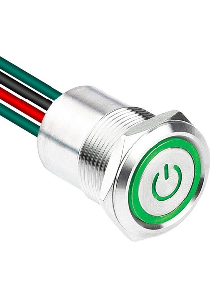 WD19D1-P2-EC 19MM Düz Yaylı Işıklı Power Kablolu Metal Buton - Yeşil