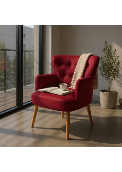 Roma Berjer Modern Tekli Koltuk -Babyface Kumaş - Ahşap Demonte Ayak - Bordo Renk
