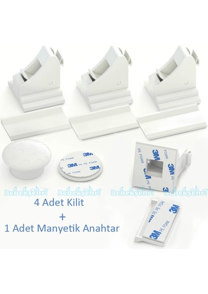 Manyetik Dolap ve Çekmece Güvenlik Kilidi 4'lü Set Beyaz Kolay Montaj Mobilya Dostu Tasarım