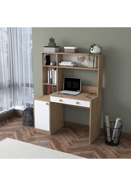 HA126 Kitaplıklı 4 Raflı Kapaklı Çekmeceli Çalışma Ofis Bilgisayar Masası Sepet Ceviz - Beyaz
