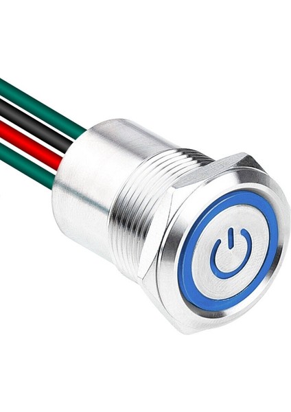 WD19D1-P2-EC 19MM Düz Yaylı Işıklı Power Kablolu Metal Buton - Mavi