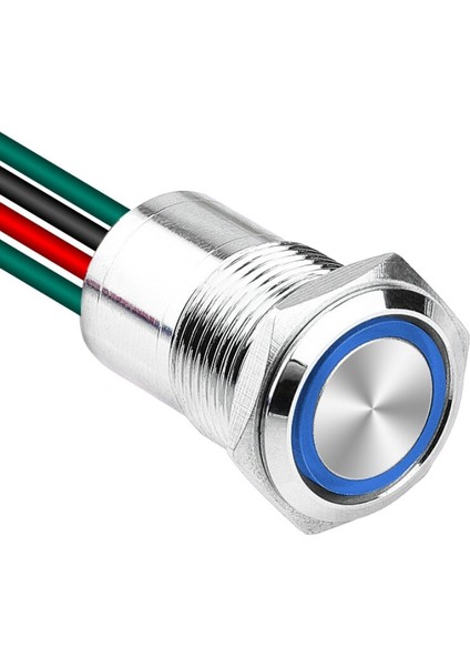 WD16D1-P2-E 16MM Düz Yaylı Işıklı Kablolu Metal Buton - Mavi