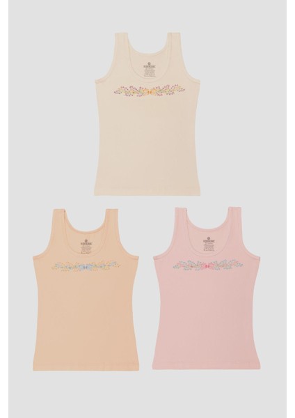 Kız Çocuk Pamuklu Kalın Askılı Renkli Baskılı Klasik Atlet 3'lü Paket 4868 Renkli