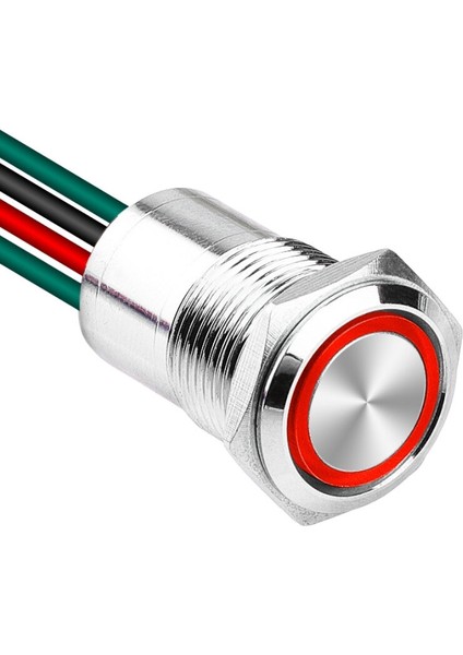 WD16D1-P2-E 16MM Düz Yaylı Işıklı Kablolu Metal Buton - Kırmızı
