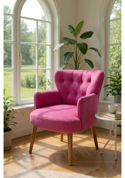 Roma Berjer Modern Tekli Koltuk -Babyface Kumaş - Ahşap Demonte Ayak - Fuşya Renk
