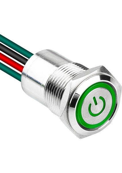 WD16D1-P2-EC 16MM Düz Yaylı Işıklı Power Kablolu Metal Buton - Yeşil