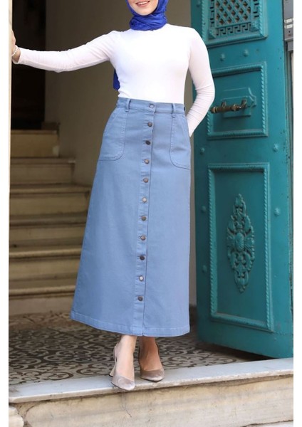 Boydan Düğmeli Gabardin Etek Indigo