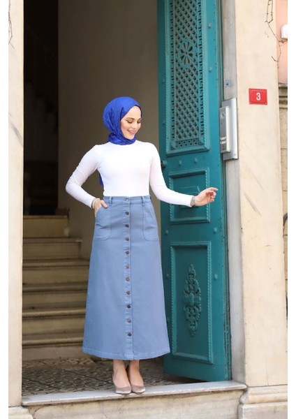 Boydan Düğmeli Gabardin Etek Indigo fiyatları
