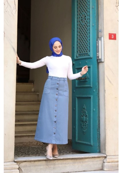 Boydan Düğmeli Gabardin Etek Indigo modelleri
