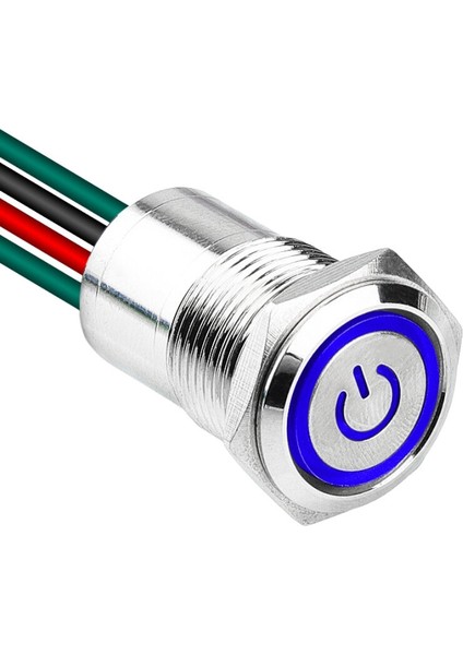 WD16D1-P2-EC 16MM Düz Yaylı Işıklı Power Kablolu Metal Buton - Mavi