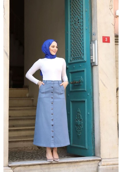 Boydan Düğmeli Gabardin Etek Indigo fırsatları