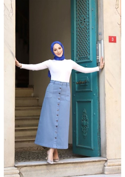 Boydan Düğmeli Gabardin Etek Indigo indirimleri