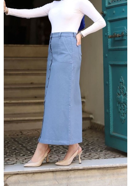 Boydan Düğmeli Gabardin Etek Indigo
