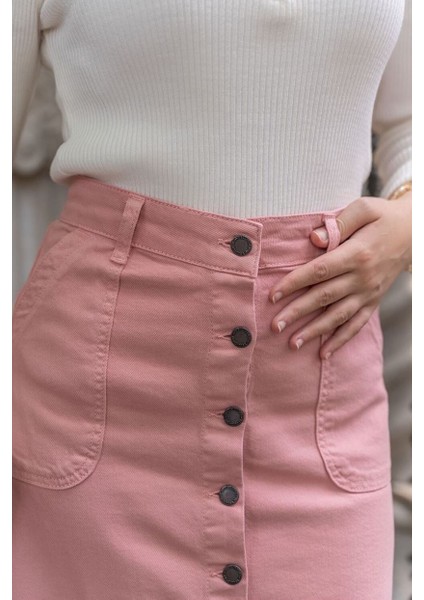 Boydan Düğmeli Gabardin Etek Pudra