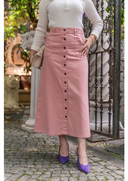 Boydan Düğmeli Gabardin Etek Pudra fiyatları