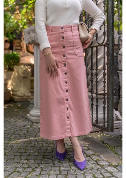 Boydan Düğmeli Gabardin Etek Pudra modelleri