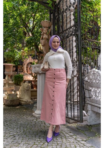 Boydan Düğmeli Gabardin Etek Pudra