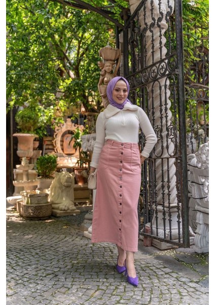 Boydan Düğmeli Gabardin Etek Pudra