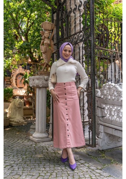 Boydan Düğmeli Gabardin Etek Pudra