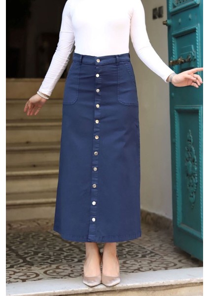 Boydan Düğmeli Gabardin Etek Lacivert
