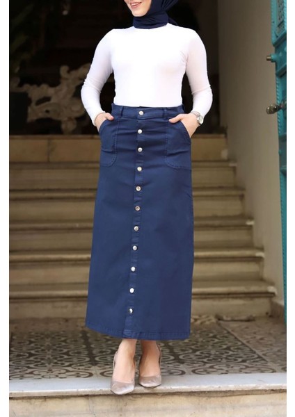 Boydan Düğmeli Gabardin Etek Lacivert modelleri
