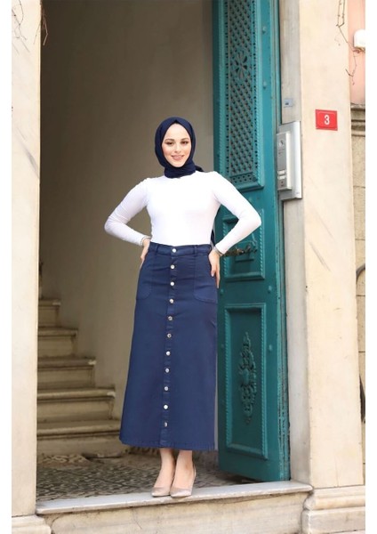 Boydan Düğmeli Gabardin Etek Lacivert fırsatları