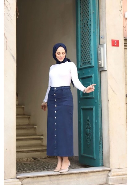 Boydan Düğmeli Gabardin Etek Lacivert indirimleri