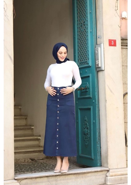 Boydan Düğmeli Gabardin Etek Lacivert