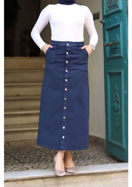 Boydan Düğmeli Gabardin Etek Lacivert