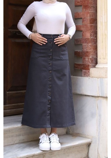 Boydan Düğmeli Gabardin Etek Antrasit