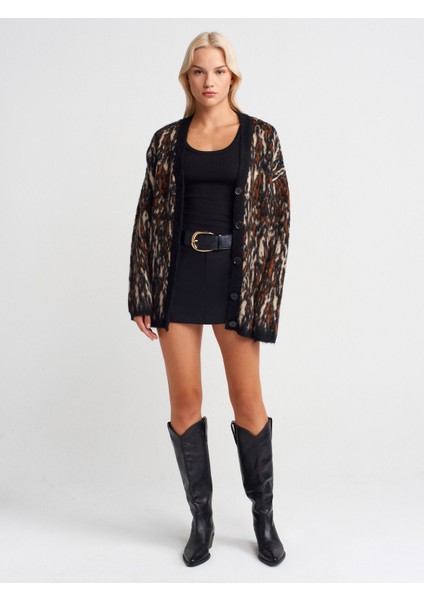 60984 Desenli Şardonlu Düğmeli Triko Hırka-Siyah fırsatları