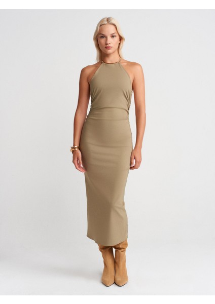 91518 Halter Yaka Midi Elbise-Çağla