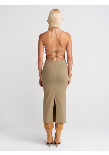 91518 Halter Yaka Midi Elbise-Çağla fiyatları