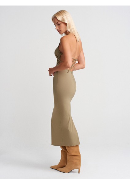 91518 Halter Yaka Midi Elbise-Çağla fırsatları